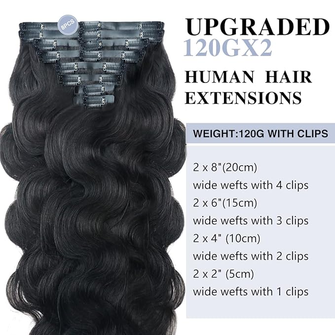 2 Pack 240g Body Wave Seamless Clip in Hair Extensions Real Human Hair 16Pcs Full Head 15A Remy Human Hair Clip ins with PU Skin Weft 18inch Natural Black