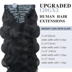 2 Pack 240g Body Wave Seamless Clip in Hair Extensions 16Pcs Full Head 15A Real Human Hair Clip ins with PU Skin Weft 20inch Natural Black