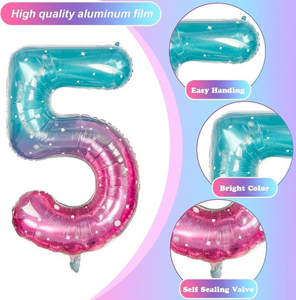 Mermaid Starry 5 Balloons, 40 Inch Giant Teal Blue Purple Mylar Foil Number 0-9 - Image 9