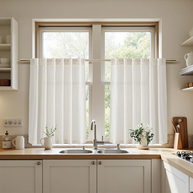 54 Inch Semi Sheer Linen Curtains, Linen Blend Light Filtering Panels Back Tab - Image 5
