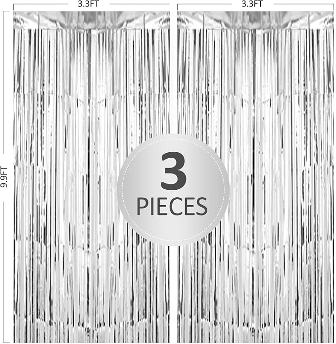 TenLaitech 3 Pack 3.3 x 9.9 ft Silver Foil Fringe Backdrop Curtain, Streamer - Image 2