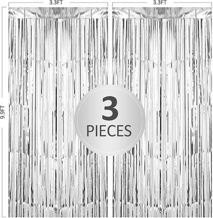 TenLaitech 3 Pack 3.3 x 9.9 ft Silver Foil Fringe Backdrop Curtain, Streamer - Image 2
