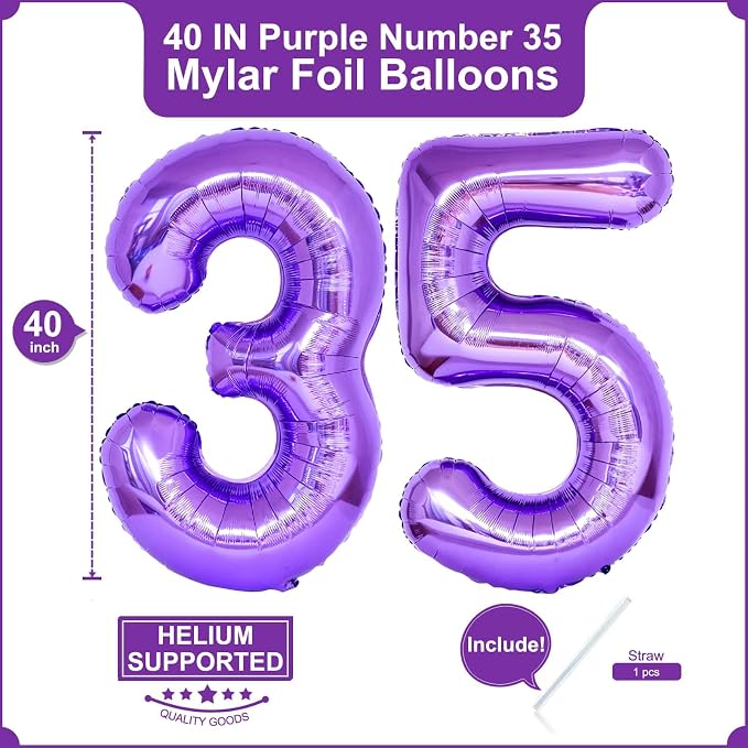 Number 35 Purple Balloons 40 Inch Giant Purple Foil 35 Helium Balloons - Image 2