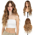 Long Wavy Honey Blonde Wig with Curtain Bangs for Women 26 Inch Brown Ombre Dark Blonde Wig Natural Looking Synthetic Heat Resistant Fiber Wig for Daily Party Halloween Cosplay Use