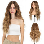 Long Wavy Honey Blonde Wig with Curtain Bangs for Women 26 Inch Brown Ombre Dark Blonde Wig Natural Looking Synthetic Heat Resistant Fiber Wig for Daily Party Halloween Cosplay Use