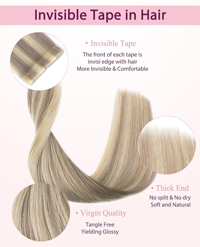 Pinkpearl Invisible Tape in Hair Extensions Human Hair, 20pcs 20inch 55g #18P60 Ash Blonde Highlighted Platinum Blonde Injection Tape in Extensions Real Remy Seamless Human Hair Injected