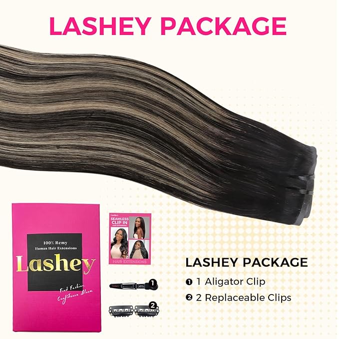 Lashey Seamless Clip in Hair Extensions Human Hair, 110g 7pcs Straight Balayage Natural Black to Light Blonde Highlighted Clip in Hair Extensions for Black Women 16 Inch