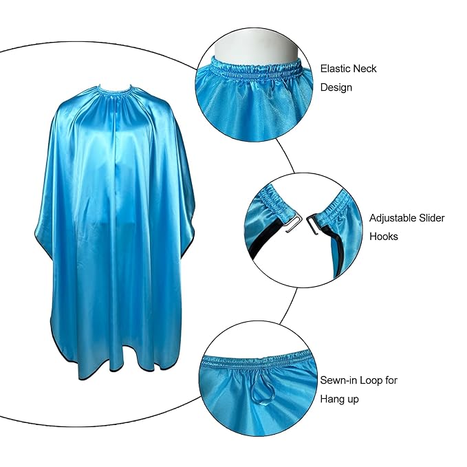 Salon Styling Capes for Clients, Hair Dye Cutting Capes with Elastic Hooks, Waterproof Light Weight Satin Sheen Styling Cape Barber Gown for Stylist, 63”*56”(Blue)