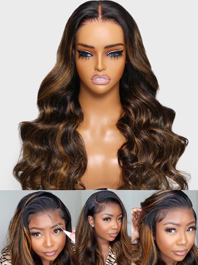 Julia Hair Bye Bye Knots Glueless Wig Highlight Balayage Brown Body Wave 7x5 Pre Cut HD Lace Front Wigs Human Hair Pre Plucked Bleached Knots Pre Everything Ready To Go Ombre Wig 16 Inch