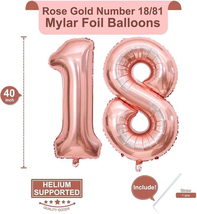 40 Inch Rose Gold 18 Number Balloons Giant 18 Balloons Rose Gold Birthday 18 - Image 2