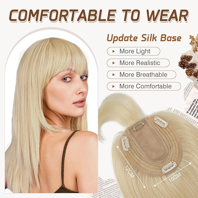 Rich Choices Real Human Hair Toppers for Women With Bang 100% Remy Human Hair Topper for Thinning Hair Clip in Silk Base Hair Topper 16 Inch #613 Bleach Blonde
