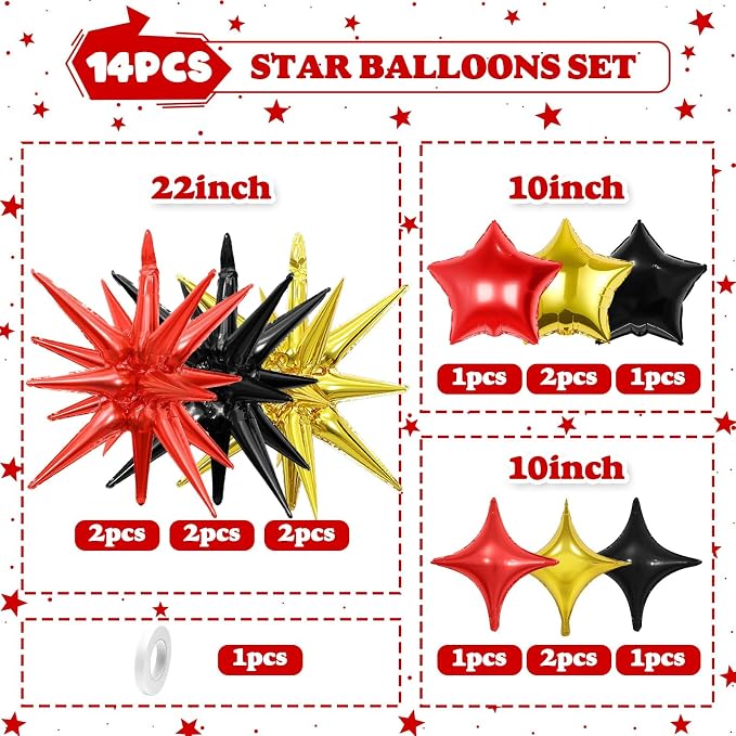 14pcs Red Black Gold Star Balloons, Mixed Star Foil Balloon, 22Inch Explosion - Image 2