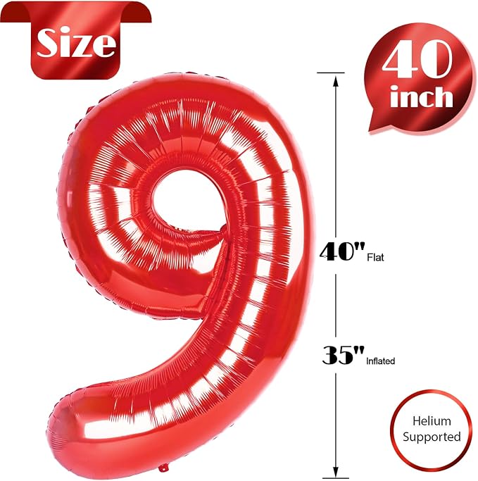 Red Number 9 Balloon 40 Inch, 9th Birthday Party Decorations Men Women | Foil - Image 5