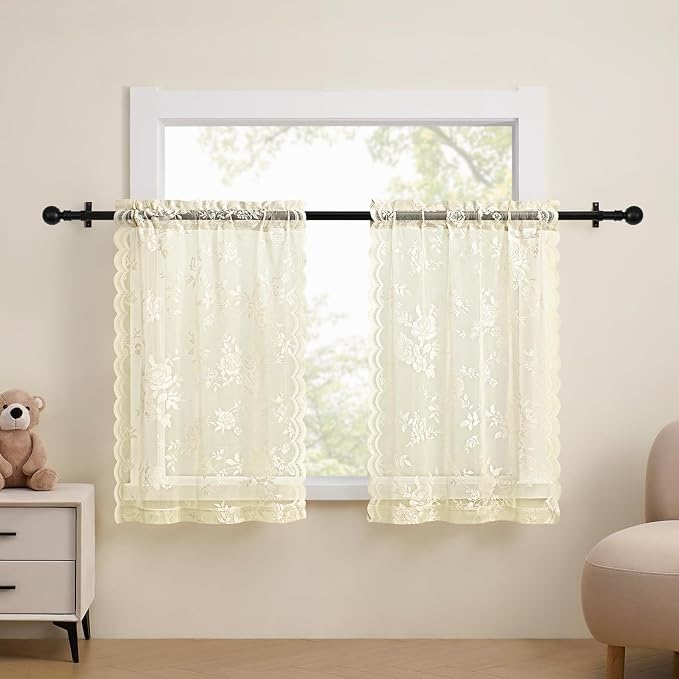 SEEKRIGHT Ivory Lace Cafe Curtains 24 Inch Length 2 Panels Set Country Floral - Image 2