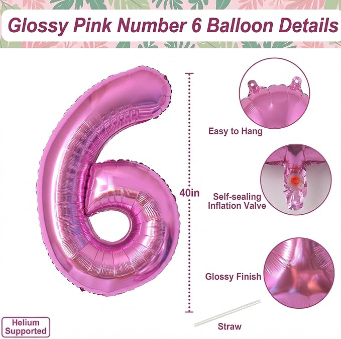 Pink Number 6 Balloon 40 Inch, Shiny Metallic Digit Party Supplies | Radiant - Image 4
