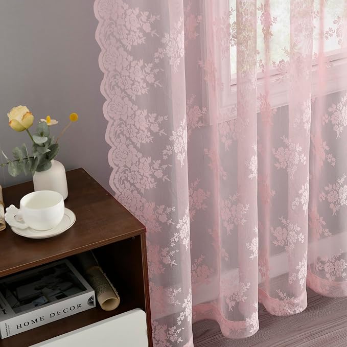 Kotile Pink Lace Curtains for Girls Bedroom Rustic Floral 2 * 42x84 Inch | Rod - Image 7