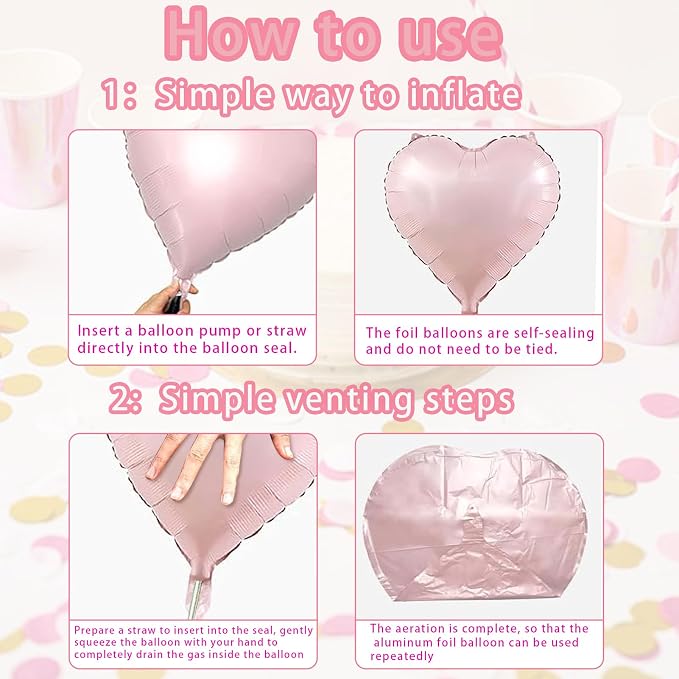 Rose Heart Balloons, 18inch Bright Pink Heart Shaped Foil Balloons & White - Image 8