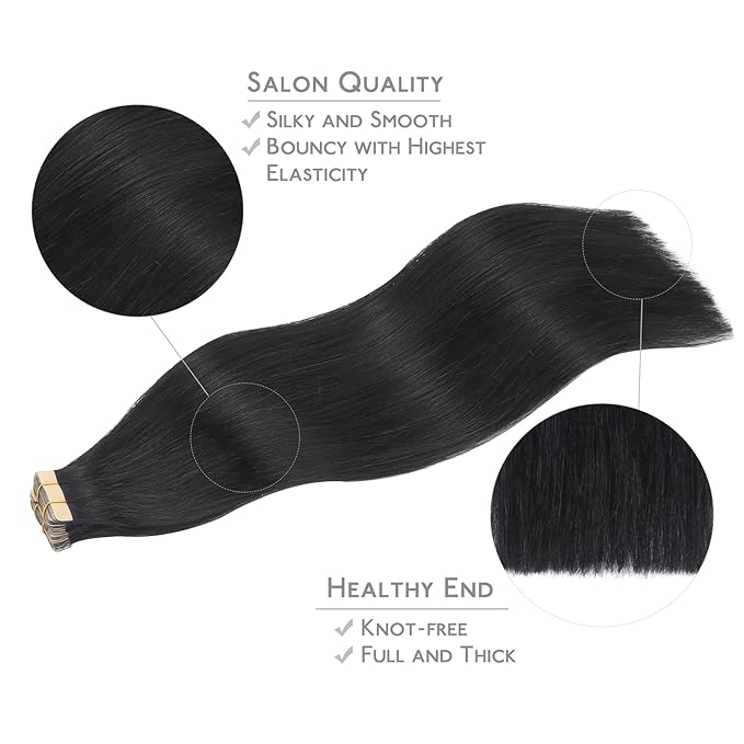 WENNALIFE Tape in Hair Extensions Human Hair, 20pcs 60g 26 inch Jet Black Remy Hair Tape in Extensions Skin Weft