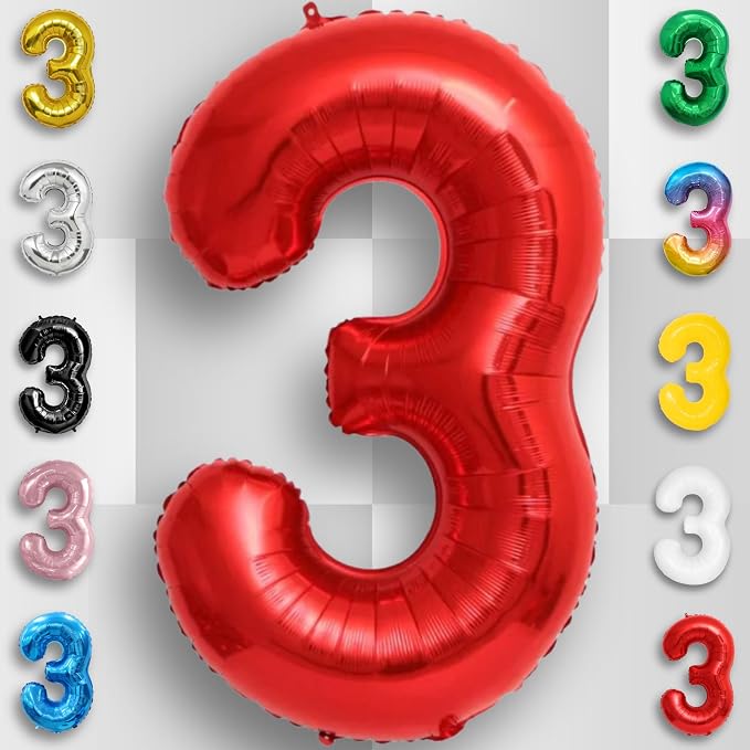 Red Number Balloon 3 Mylar Foil Balloons 16 inch - Image 3