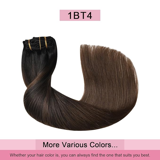Pro2.0 Remy Clip in Extensions Real Human Hair Color #1BT4 Natural Black Fading to Middle Brown Remy Clip in Hair Extensions Real Human Hair 18inch 120g Thick 7pcs Double Weft（#1BT4-18inch）