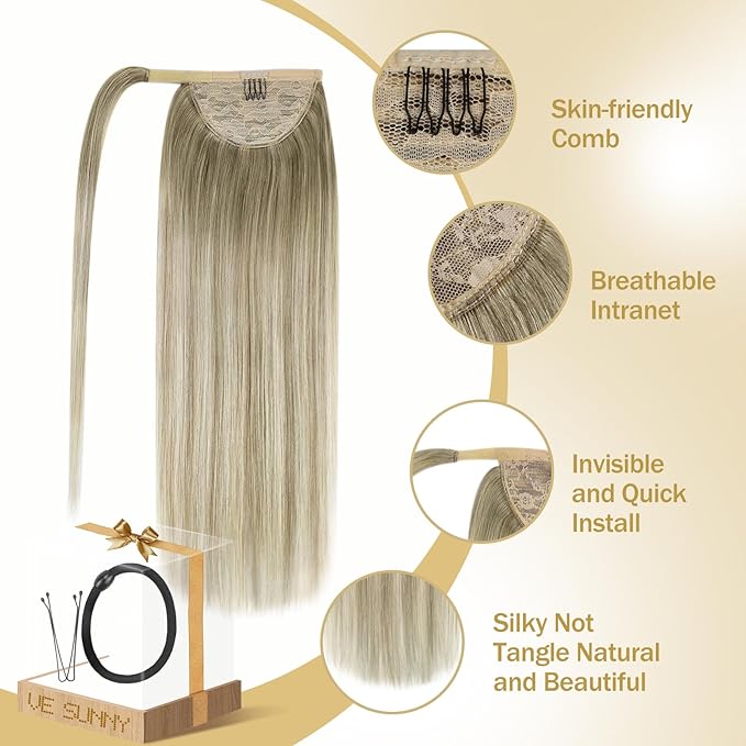 Ve Sunny Hair Extensions Ponytail Real Human Hair Wrap Around Clip in Ponytail Hair Extensions Straight Extensions Human Hair for Women Ash Grey Balayage Platinum Blonde 16inch 80G