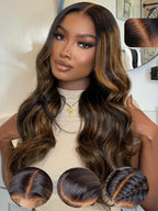Julia Hair Bye Bye Knots Glueless Wig Highlight Balayage Brown Body Wave 7x5 Pre Cut HD Lace Front Wigs Human Hair Pre Plucked Bleached Knots Pre Everything Ready To Go Ombre Wig 22 Inch