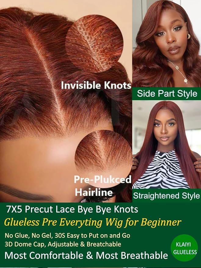 KLAIYI Bye Bye Knots Glueless Wig Reddish Brown Body Wave 7x5 Pre Cut HD Lace Front Wigs Human Hair Put On And Go Wig Pre Bleached Pre Plucked with Baby Hair 30S Ready To Wear 150% Density Full 24Inch