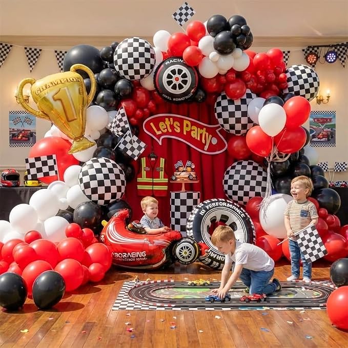Race Car Balloons Arch Kit -Trophy, Wheels and Red Black White Balloon Garland - Image 5