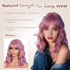 Pink Wig With Bangs Wave Bob Wigs for Women 14 Inch Short Loose Wavy Heat Resistant Synthetic Wig Shoulder Length Hair for Daily and Cospaly Party Use