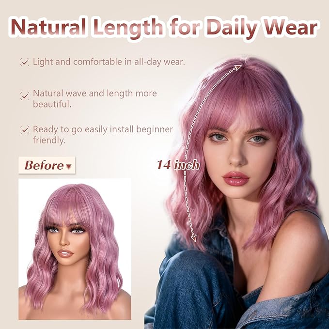 Pink Wig With Bangs Wave Bob Wigs for Women 14 Inch Short Loose Wavy Heat Resistant Synthetic Wig Shoulder Length Hair for Daily and Cospaly Party Use