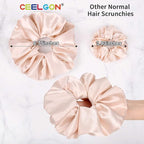 CEELGON Big Real Silk Scrunchies for Hair Satin Oversized for Sleep Large Scrunchie for Curly Hair Silk Thick Elastic Hair Ties Jumbo Hair Scrunchies 6 Pack (black, champagne, pink,khaki, blue, shell pink)