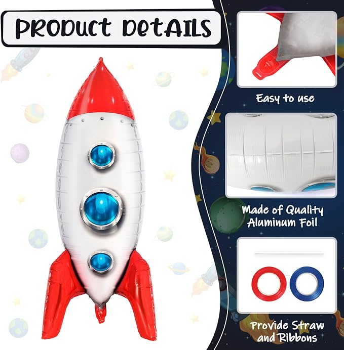 2 Pcs Large Rocket Balloons for Kids, 33 Inch Rocket Ship Balloon, Space Foil - Image 5