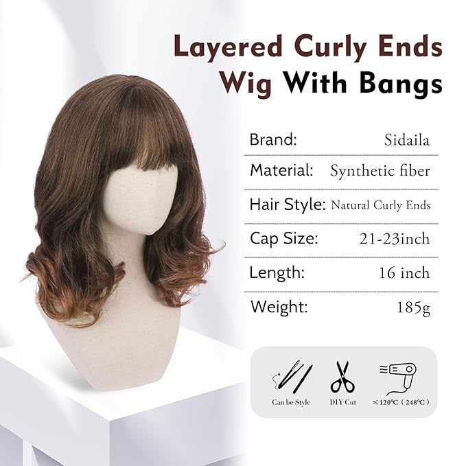 Wig with Bangs for Women | 16 Inch Layered Body Wave Synthetic Wig | Heat Resistant Yaki Fiber Natural Looking Shoulder Length Wigs | Synthetic Wig for Daily Wear - Auburn Mix Dark Brown
