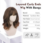 Wig with Bangs for Women | 16 Inch Layered Body Wave Synthetic Wig | Heat Resistant Yaki Fiber Natural Looking Shoulder Length Wigs | Synthetic Wig for Daily Wear - Auburn Mix Dark Brown