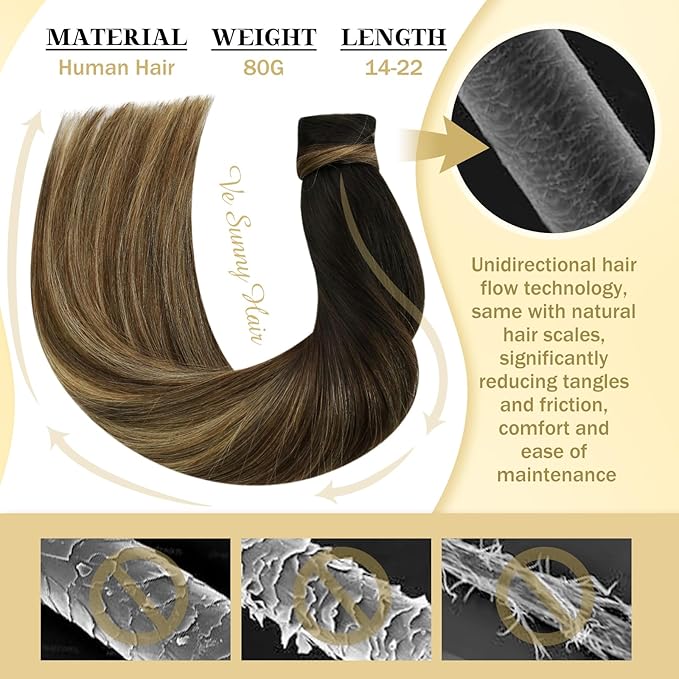 Ve Sunny Hair Extensions Ponytail Real Human Hair Wrap Around Clip in Ponytail Hair Extensions Straight Extensions Human Hair for Women Black Ombre Dark Brown Balayage Caramel Blonde 22inch 80G