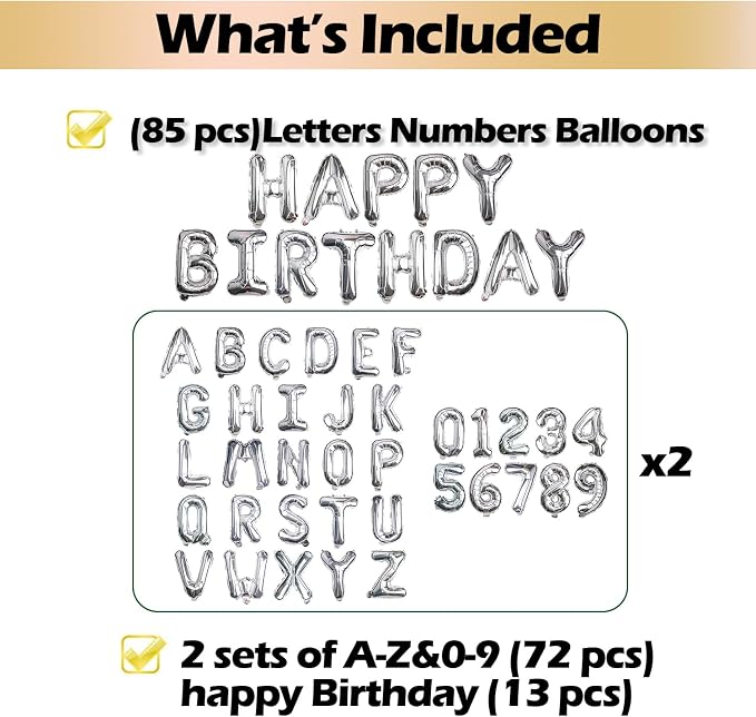 85Pcs Silver 16 inch Birthday Decor Set Full Letters Numbers | Thick reusable - Image 3