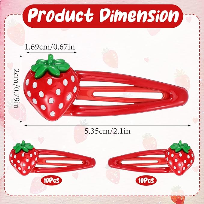 20 Pcs Red Metal Snap Fruit Hair Clips, Cute Strawberry Hair Accessories, Alligator Hairs Clips Red Metal Fruit for Girls, Women, Kids