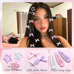 36Pcs Y2k Pink Bow Hair Clips Water Drop Snap Hair Barrettes Metal No Slip Star Hair Clips White Mini Hair Bows Bowknot Star Hair Accessories for Women Girls