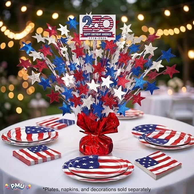 PMU 250th Anniversary Patriotic Star Metallic Foil Spray Centerpiece Red White - Image 5