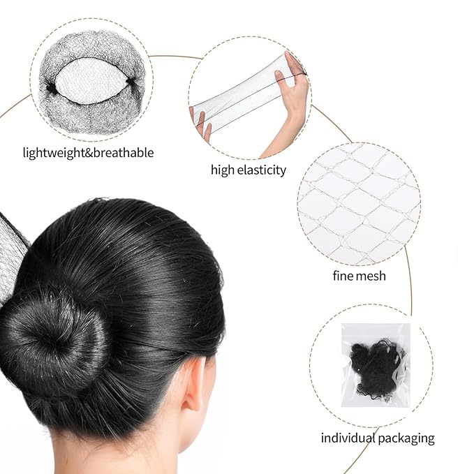 80Pcs Hair Net Set，30 Invisible Elastic Nylon Hair Net，40 U-Shaped Hair Pins and 10 Elastic Hair Ties,Perfect for Ballet Bun, Food Service, and Everyday Use（Black）