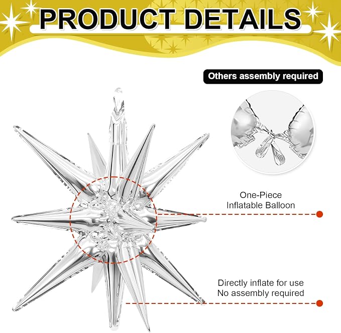 9Pcs Silver Star Balloons, Large Explosion Star Foil Balloons, Metallic Silver - Image 3