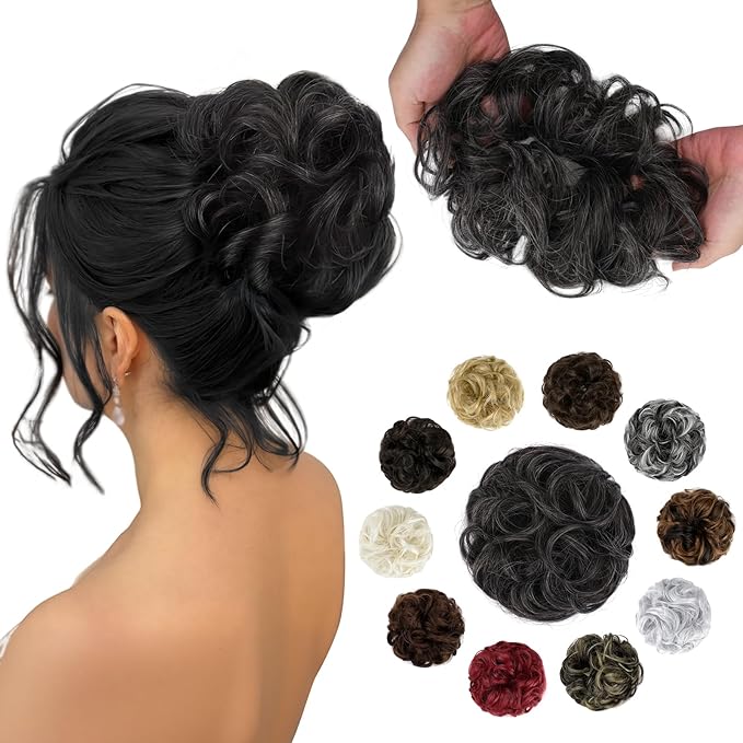 Messy Bun Hair Piece Wavy Curly Scrunchies Fluffy Donut Thick Updo Elegant Chignon Hairpieces for Women Girls, Dark Brown Mix White 1.4oz