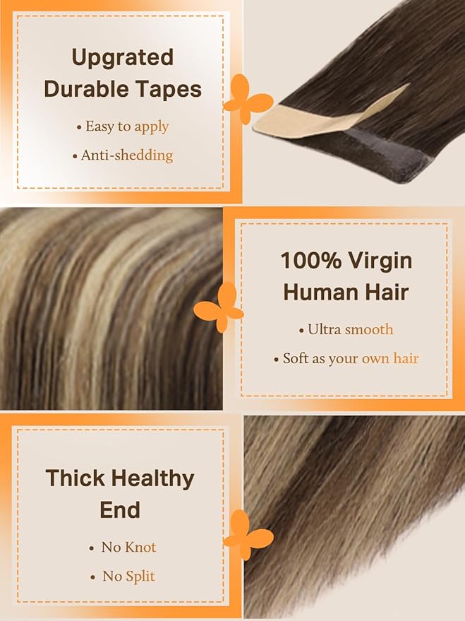 DOORES Hair Extensions Real Human Hair, Chocolate Brown to Honey Blonde, 12 Inch, 20g, 10pcs, Tape-In, Straight, Remy Hair Extensions