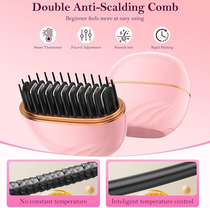 Mini Hair Straightener Brush, Rechargeable Portable Hair Straightener Brush, 3-Speed Temperature Control All Hair Types, Anti Scald Shell, Fast Heating Hot Comb, Idea for Travel Gift Hair Straightener