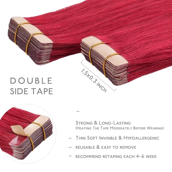 WENNALIFE Tape in Hair Extensions Human Hair, 20pcs 50g 16 inch Red Remy Hair Extensions for Women Tape Ins Straight Extensiones De Cabello Humano Skin Weft