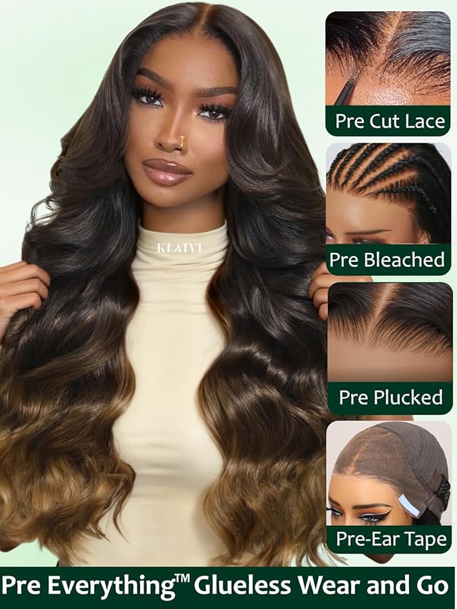 KLAIYI Ombre Brown Loose Body Wave 13x4Pre Everything Lace Frontal Chestnut Brown Drawstring Wig with Face Framing Layers Precut Lace Pre Plucked Bleached Bye Bye Knots Ready to Wear and Go Wig 26Inch