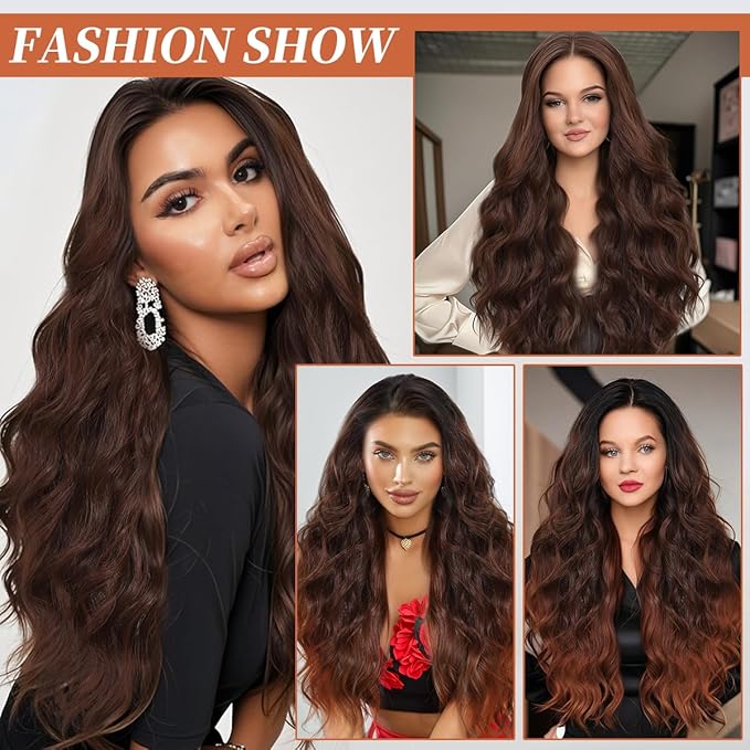 Synthetic Lace Front Wigs Pre Plucked 13x4 HD Lace Long Wavy Auburn 100% Futura Premium Wigs For Black Women Ready to Wear Beginner Friendly 26 Inch Daily Party Use