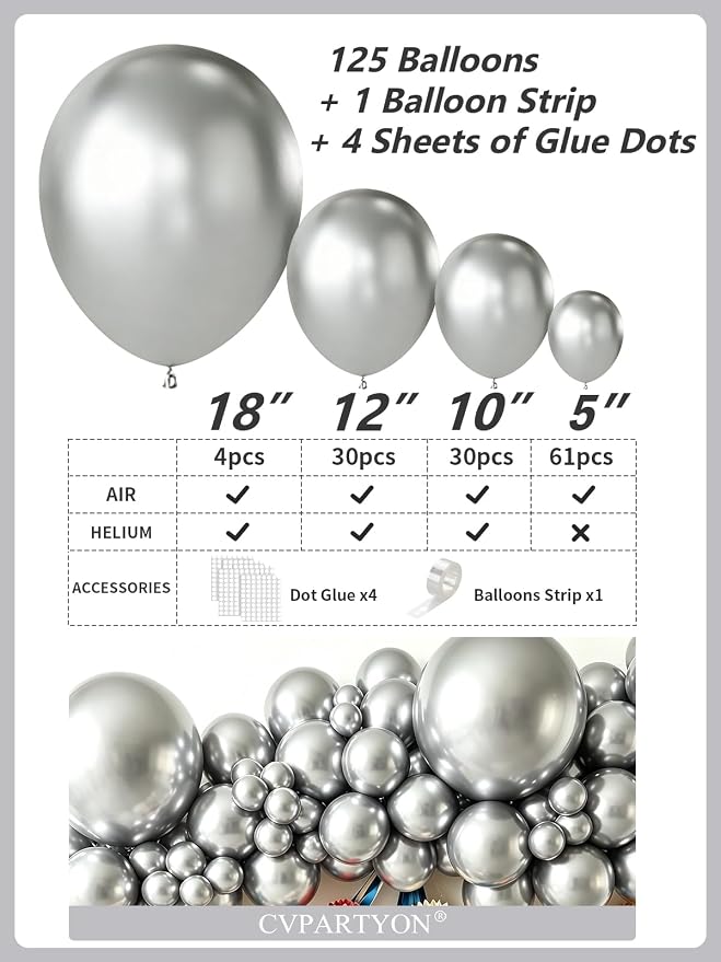 Silver Balloons 125 Pcs Different Sizes 18 12 10 5 Inch Silver Balloon Arch Kit - Image 3