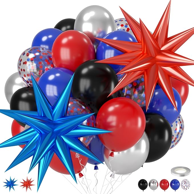 Red Blue Black Balloons, 12 Inch Royal Blue Red Black Metallic Silver Confetti by Saxuxu