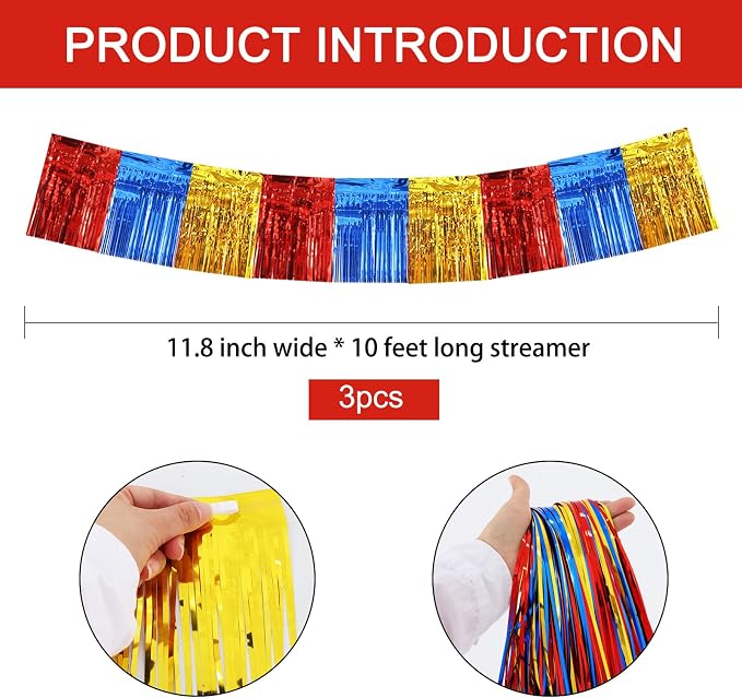 BEISHIDA Red Blue Gold Fringe Garland Banner 30ft Wall Tinsel Foil Streamer | - Image 3